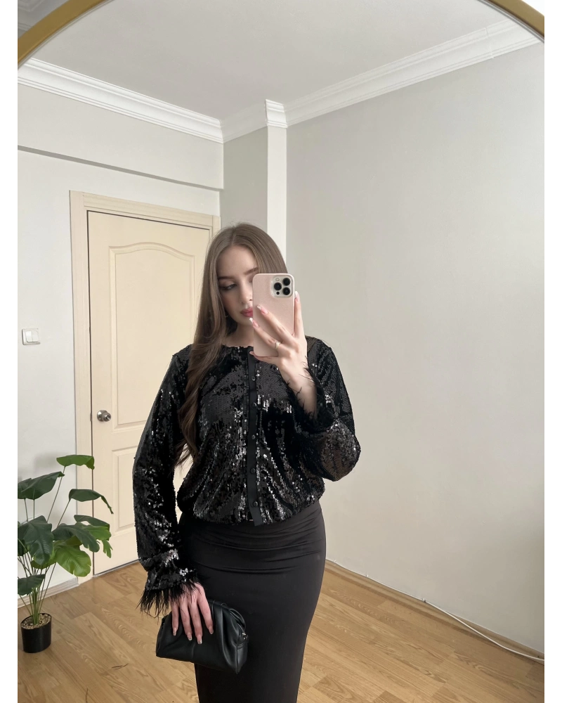 Kolları Otrişli Payetli Siyah Ceket