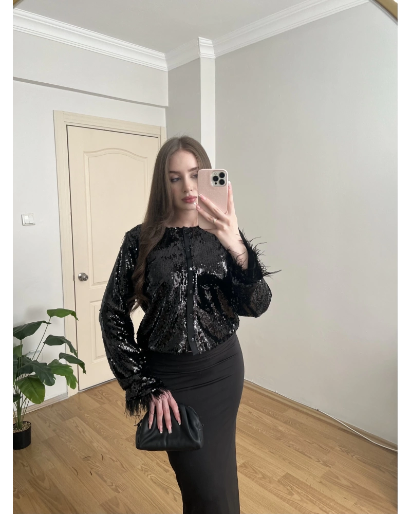 Kolları Otrişli Payetli Siyah Ceket