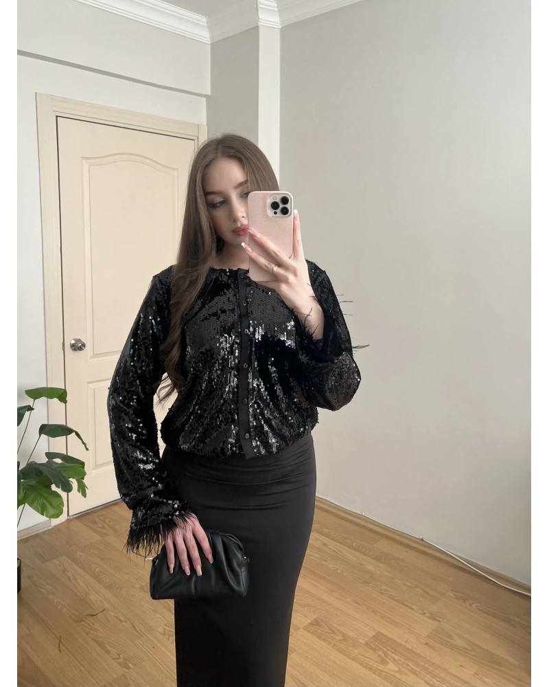 Kolları Otrişli Payetli Siyah Ceket