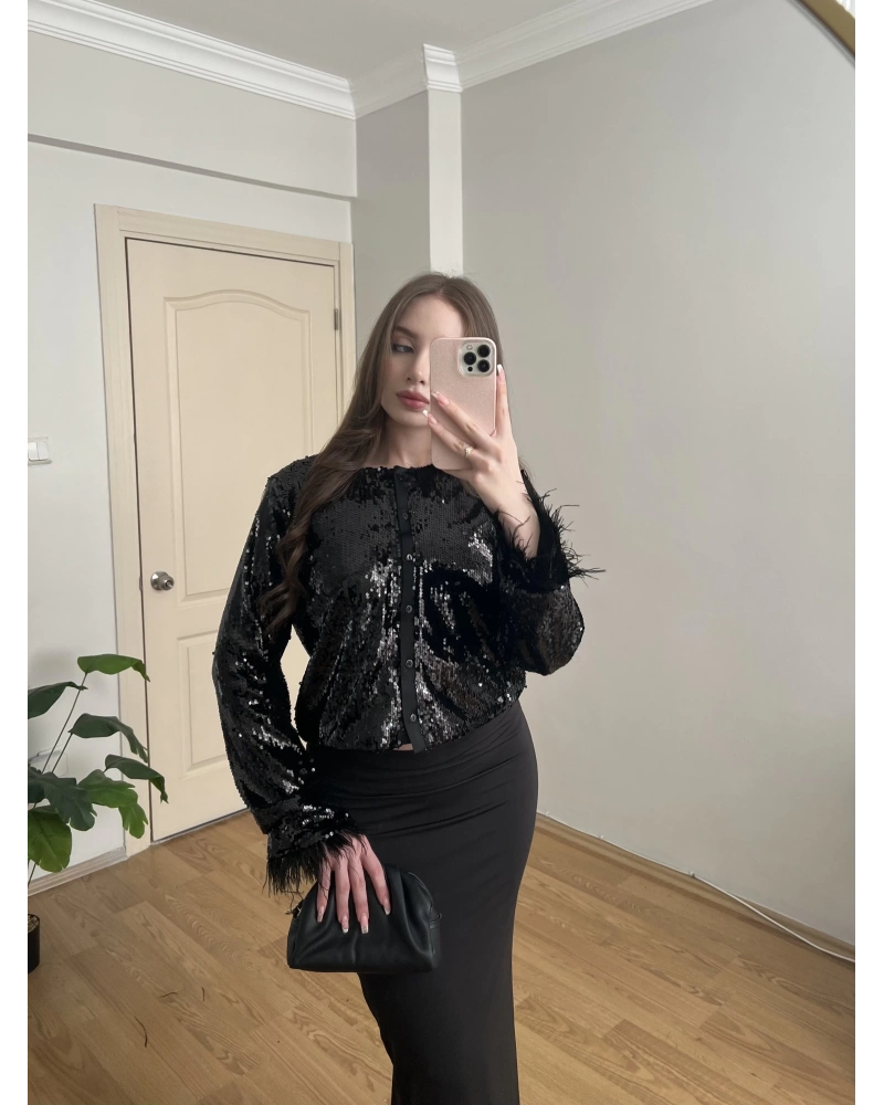 Kolları Otrişli Payetli Siyah Ceket