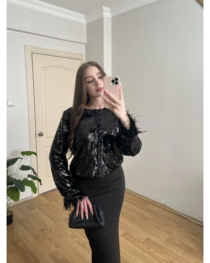 Kolları Otrişli Payetli Siyah Ceket