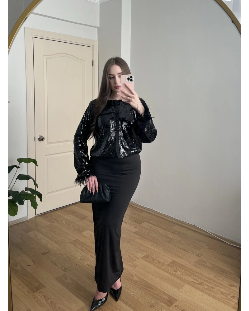 Kolları Otrişli Payetli Siyah Ceket