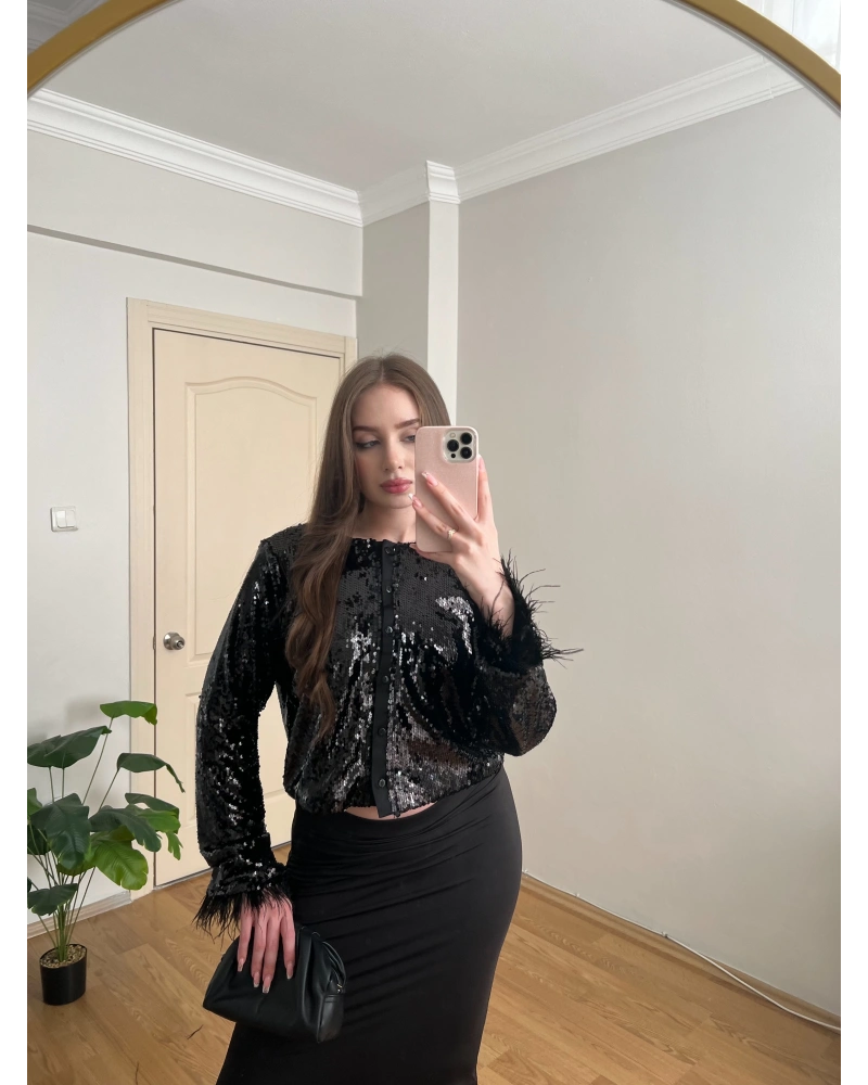 Kolları Otrişli Payetli Siyah Ceket