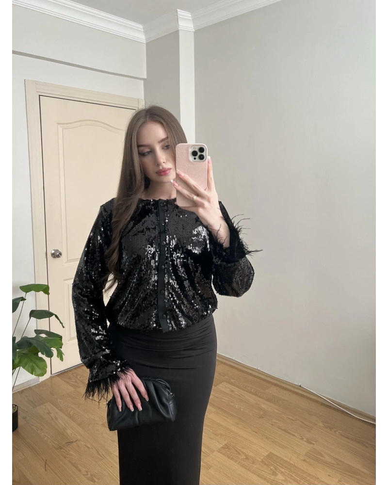 Kolları Otrişli Payetli Siyah Ceket