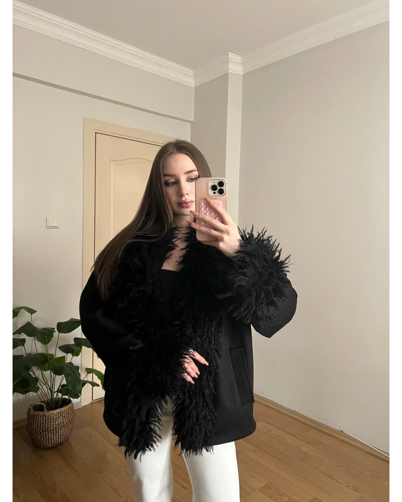 Kürk Detaylı Siyah Süet Ceket