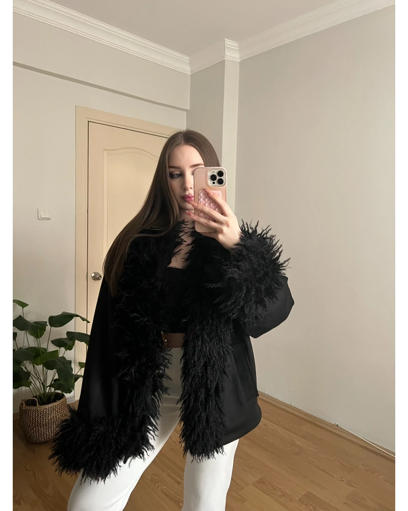 Kürk Detaylı Siyah Süet Ceket