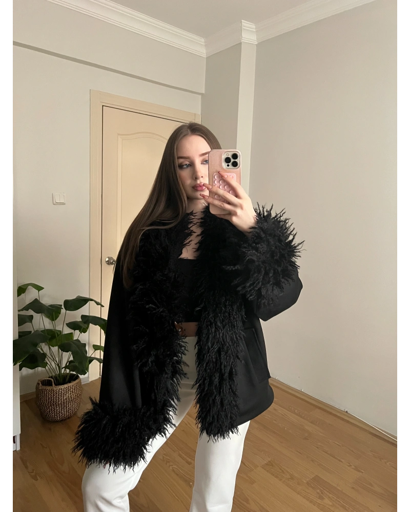 Kürk Detaylı Siyah Süet Ceket