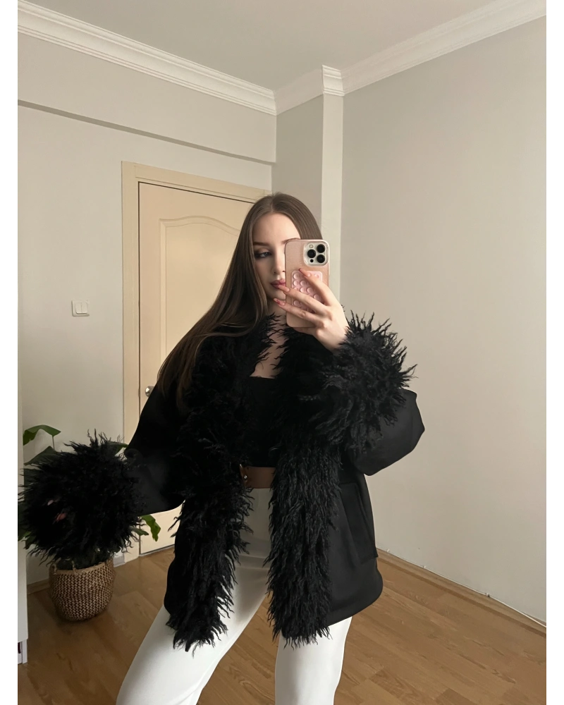 Kürk Detaylı Siyah Süet Ceket