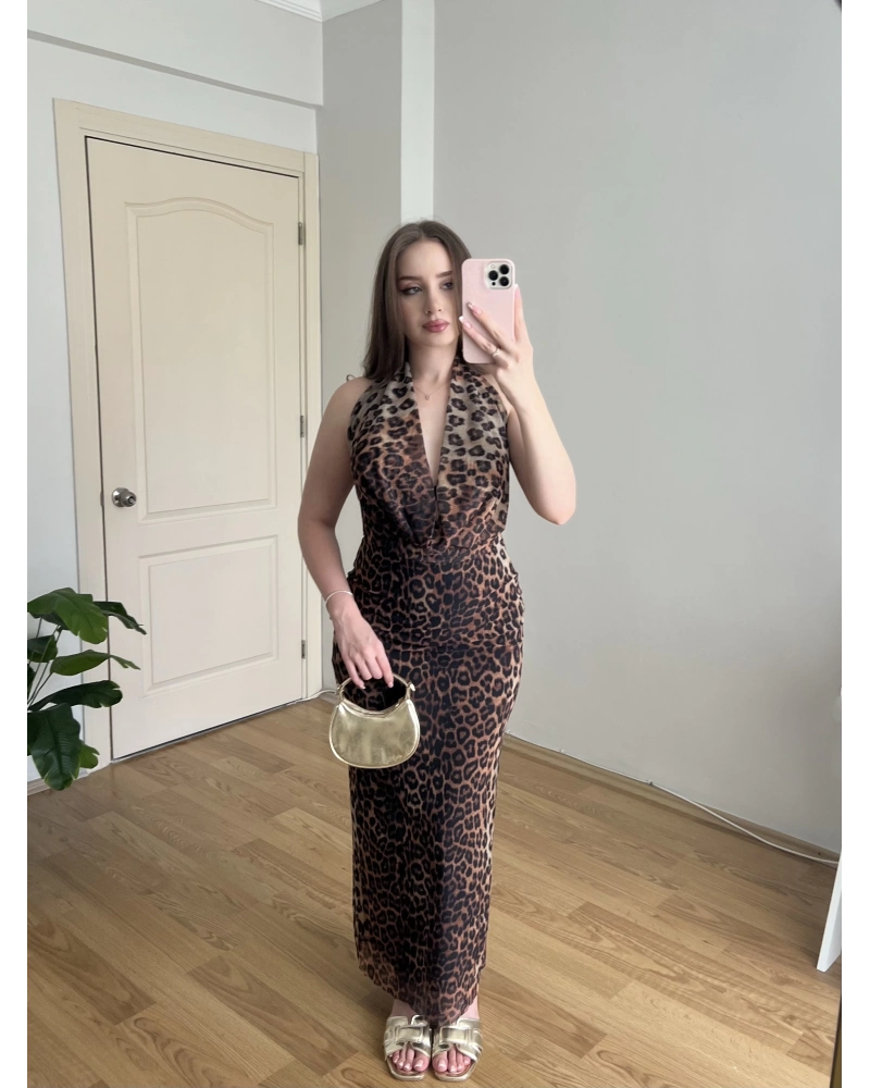 Leopar Desenli Degaje Yaka Elbise