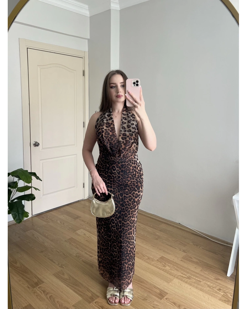 Leopar Desenli Degaje Yaka Elbise