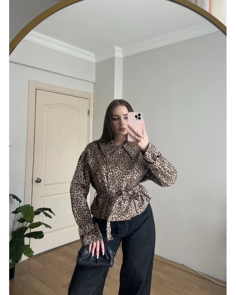 Leopar Desenli Gabardin Ceket