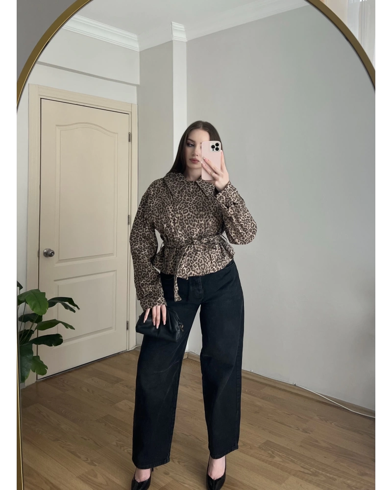 Leopar Desenli Gabardin Ceket
