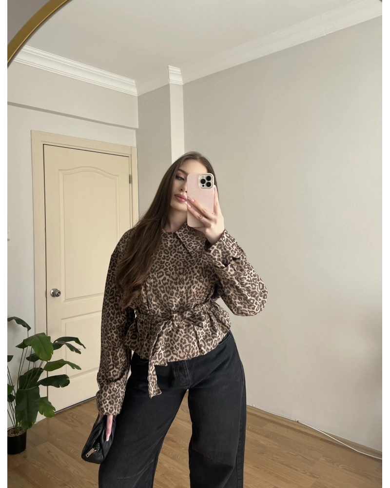Leopar Desenli Gabardin Ceket