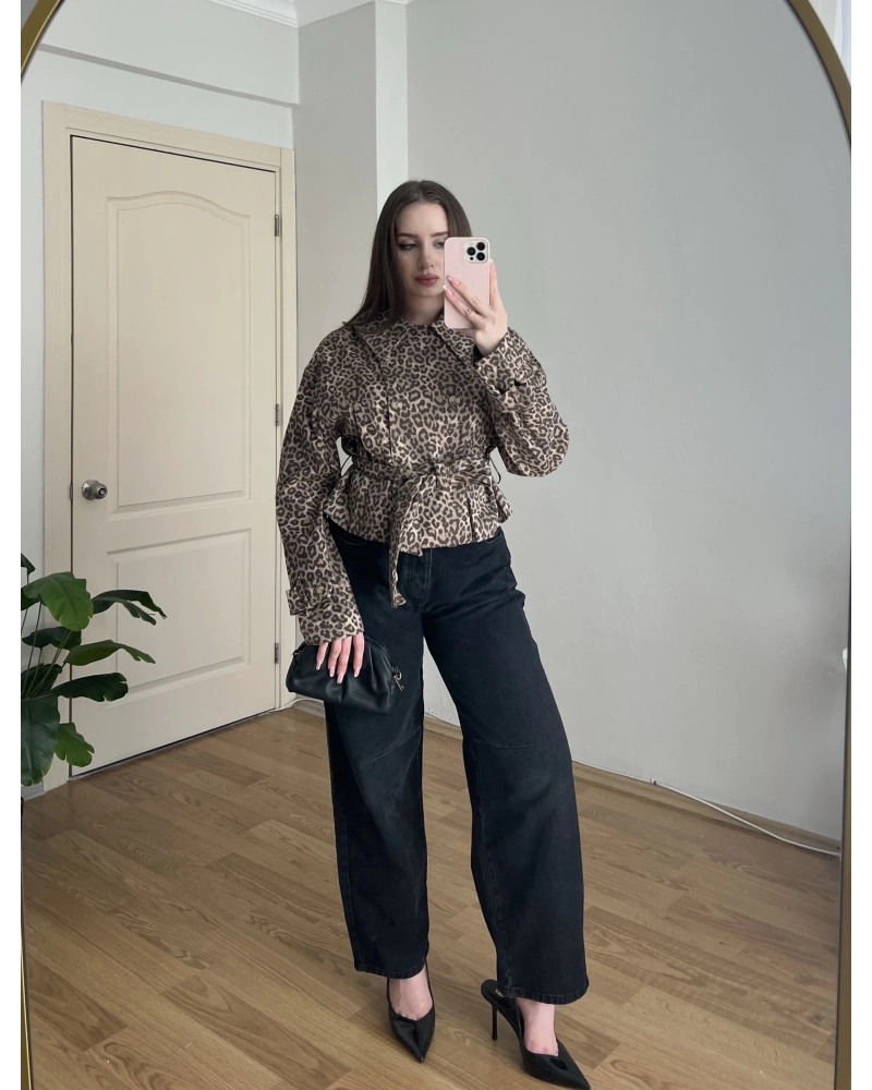 Leopar Desenli Gabardin Ceket