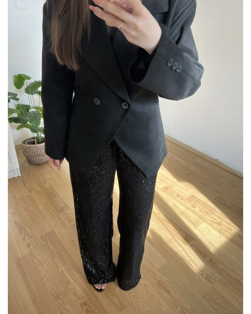 Payetli İpli Siyah Pantolon