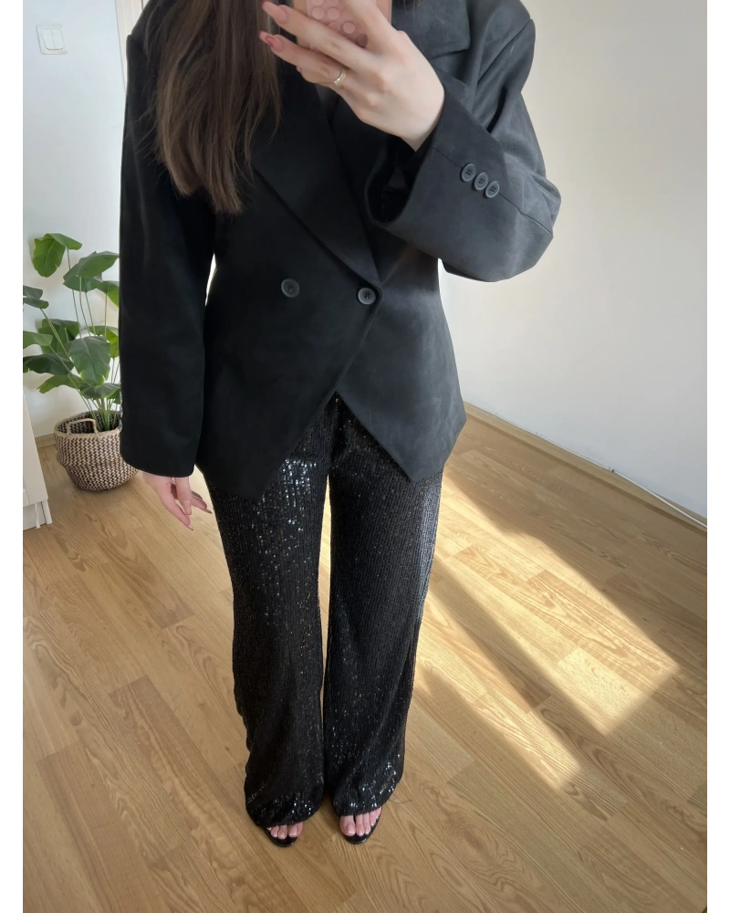 Payetli İpli Siyah Pantolon