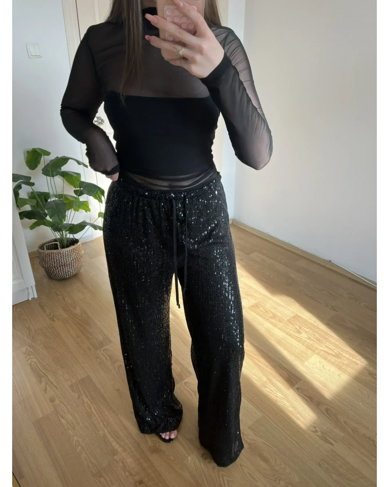 Payetli İpli Siyah Pantolon