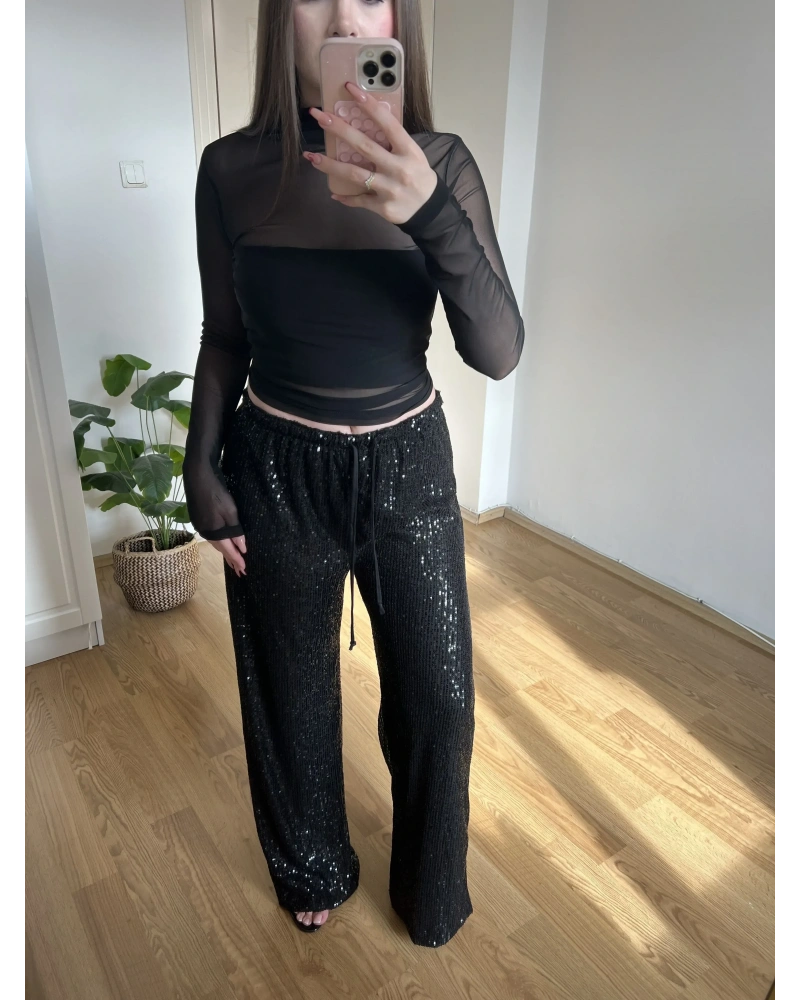 Payetli İpli Siyah Pantolon