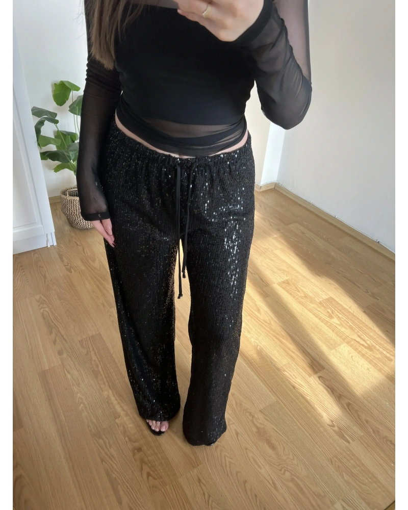 Payetli İpli Siyah Pantolon