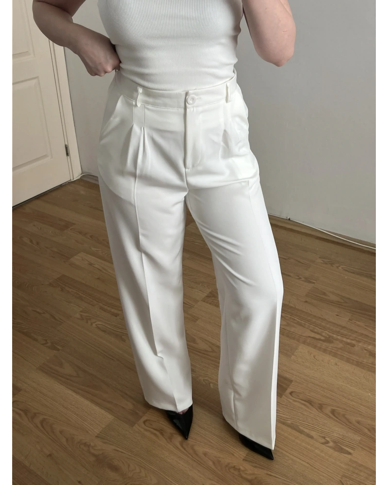 Pileli Beyaz Palazzo Pantolon