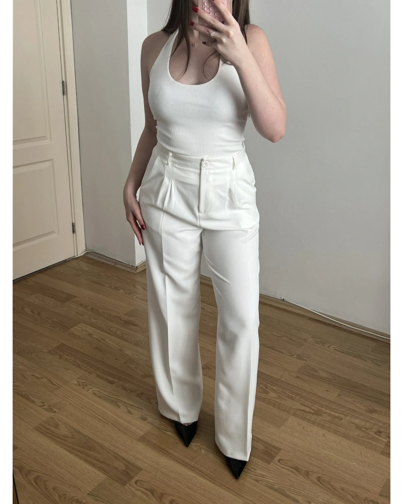 Pileli Beyaz Palazzo Pantolon