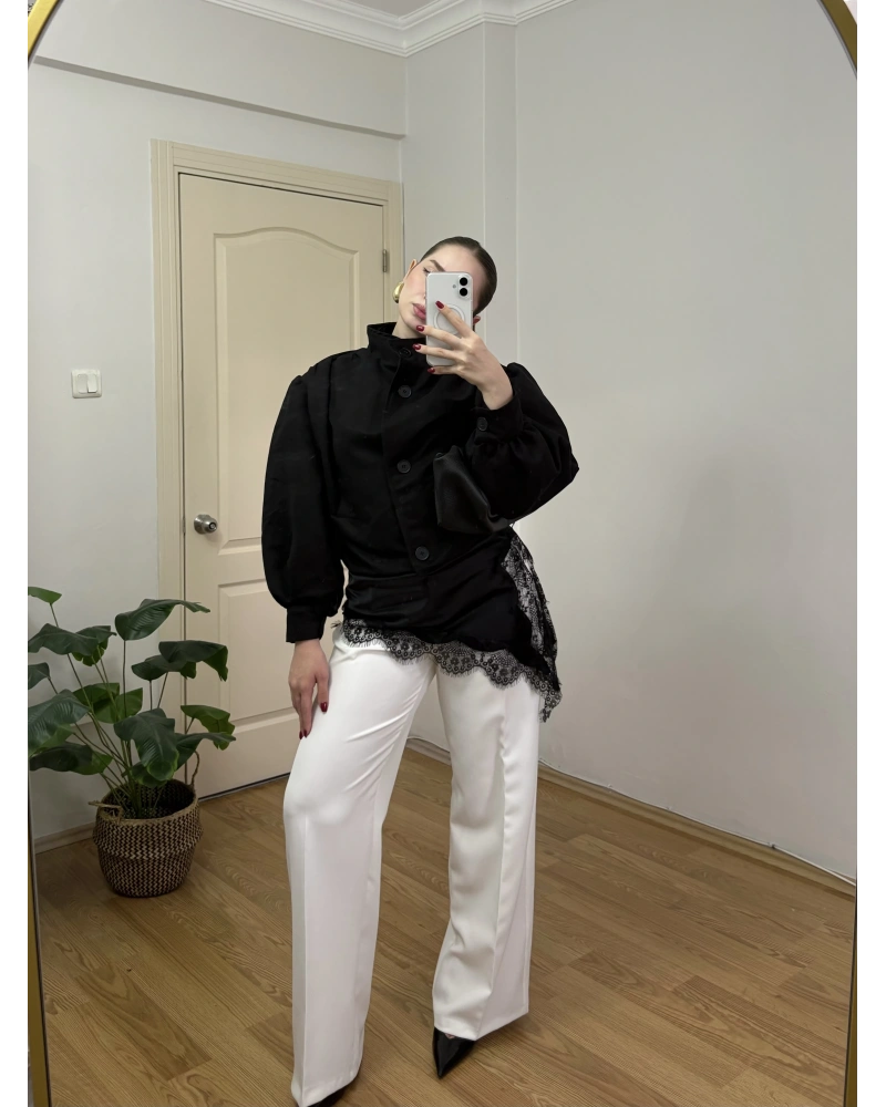 Pileli Beyaz Palazzo Pantolon