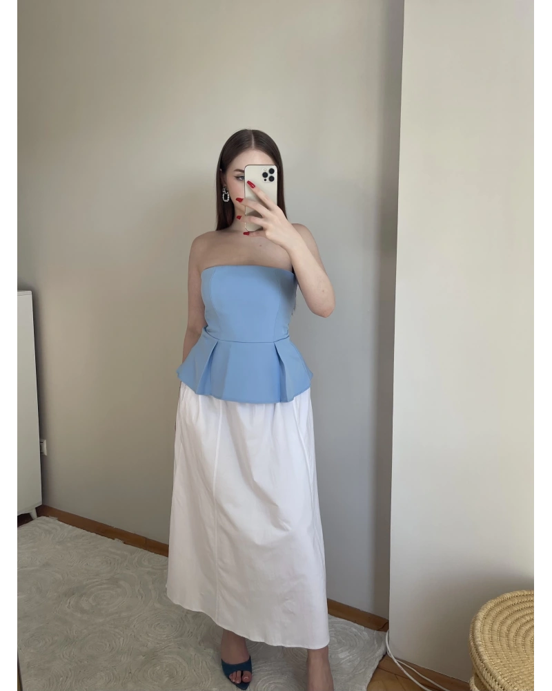 Pileli Straplez Bebek Mavisi Bluz