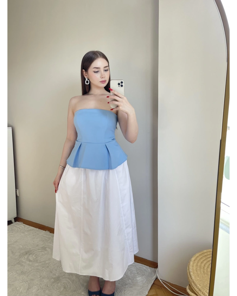 Pileli Straplez Bebek Mavisi Bluz