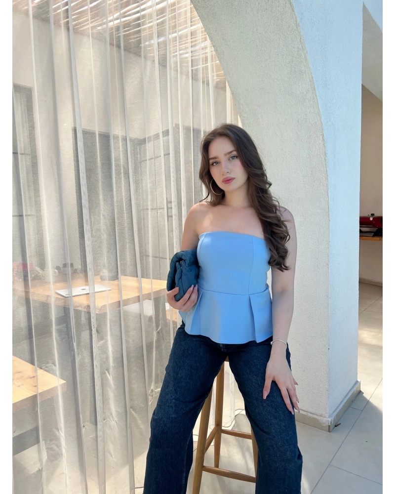 Pileli Straplez Bebek Mavisi Bluz