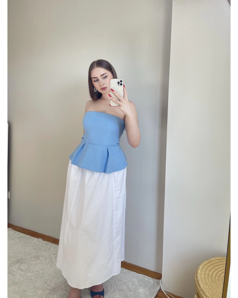 Pileli Straplez Bebek Mavisi Bluz