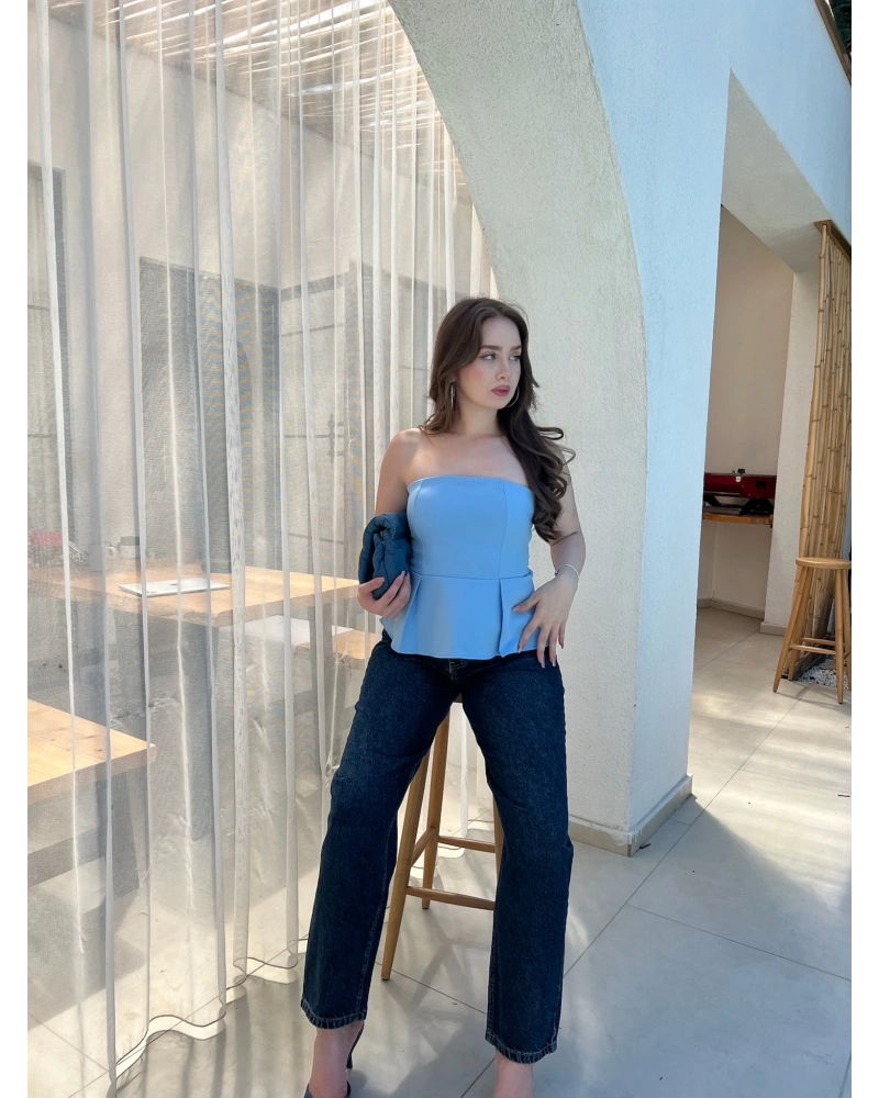 Pileli Straplez Bebek Mavisi Bluz