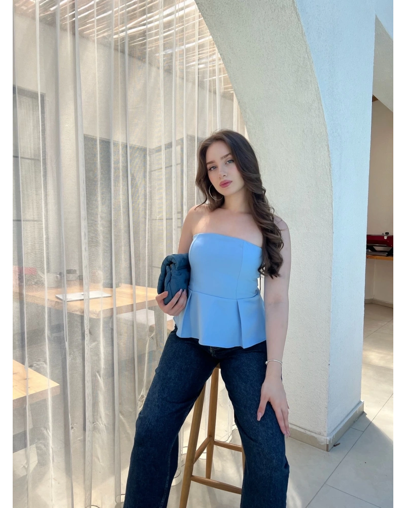 Pileli Straplez Bebek Mavisi Bluz