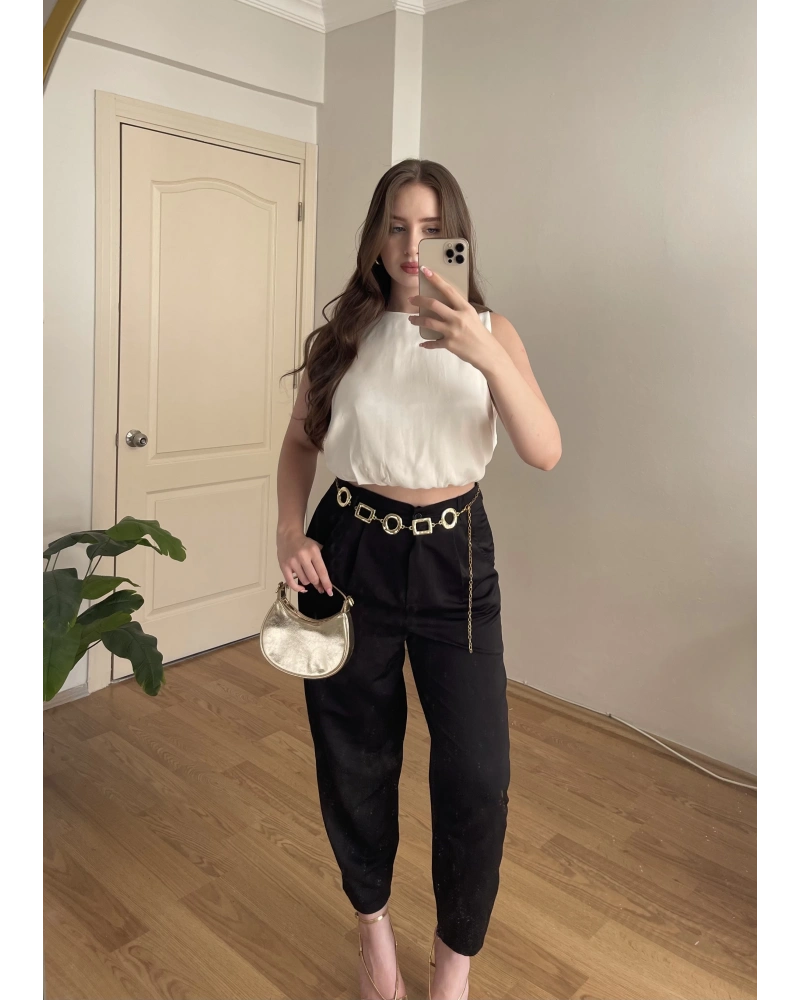 Saten Kolsuz Beli Lastikli Ekru Bluz