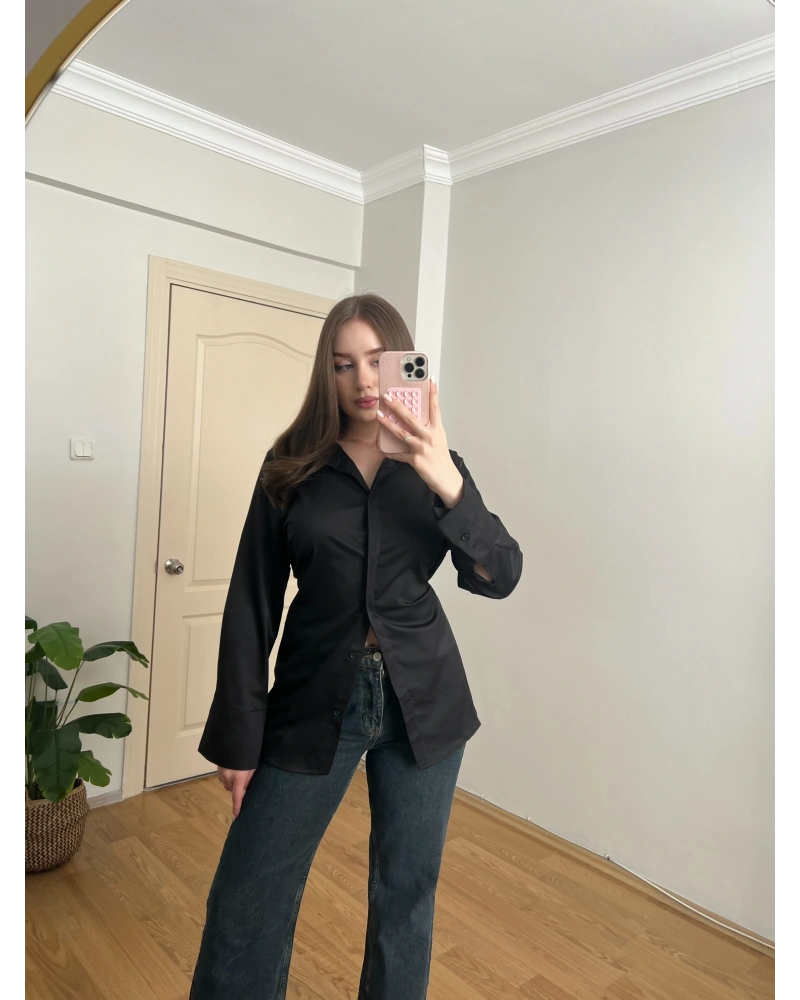 Siyah İp Bağlamalı Gömlek