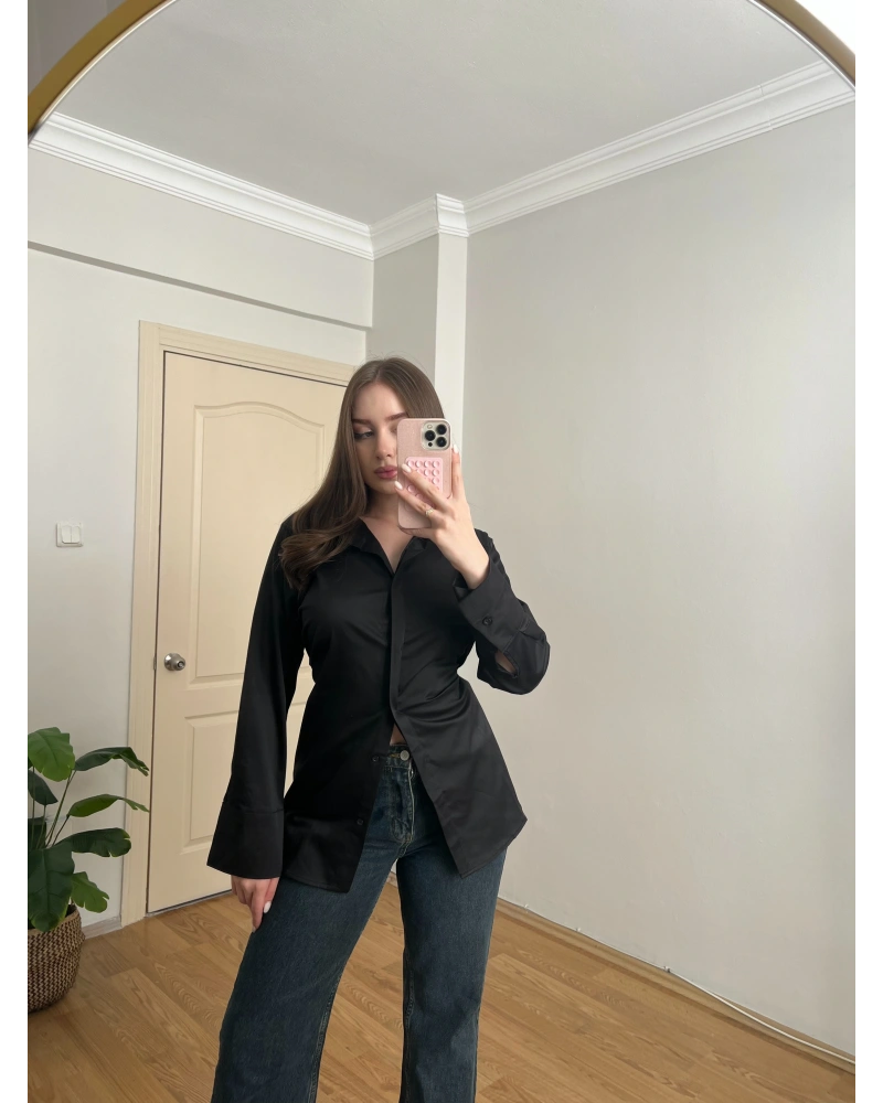 Siyah İp Bağlamalı Gömlek