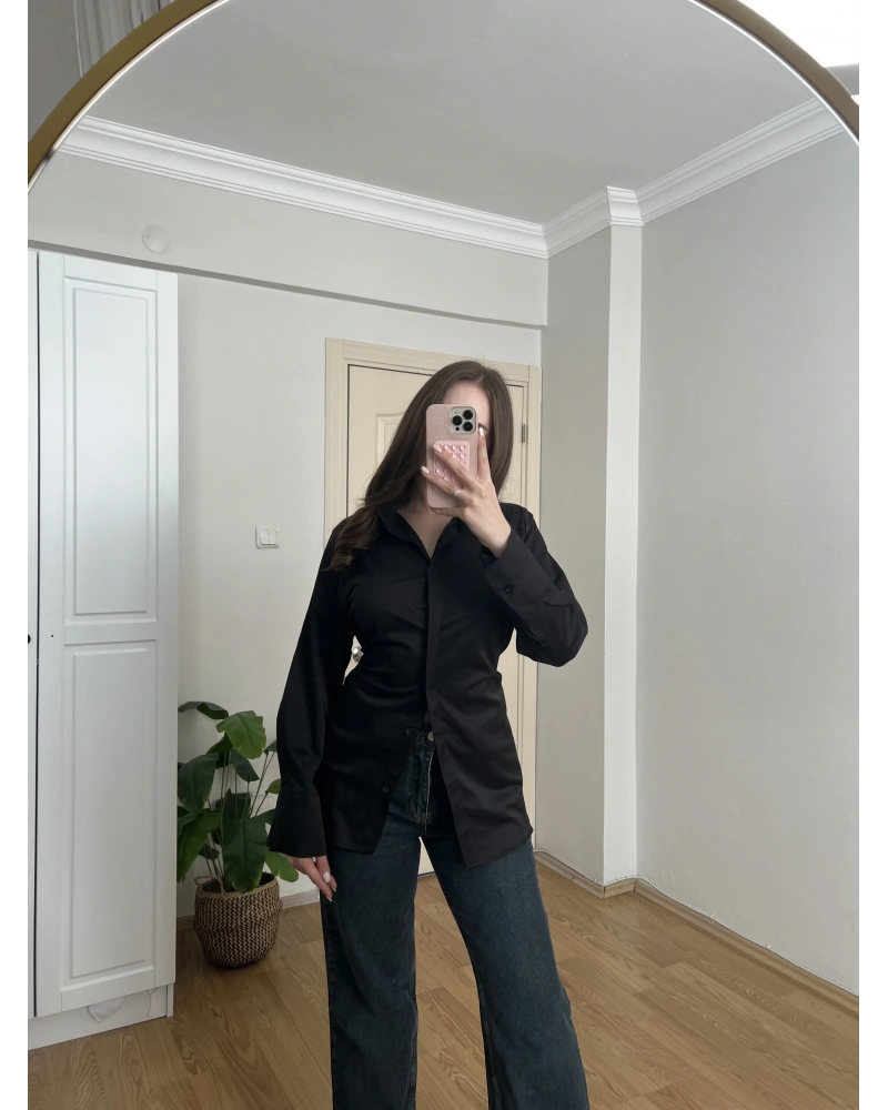 Siyah İp Bağlamalı Gömlek