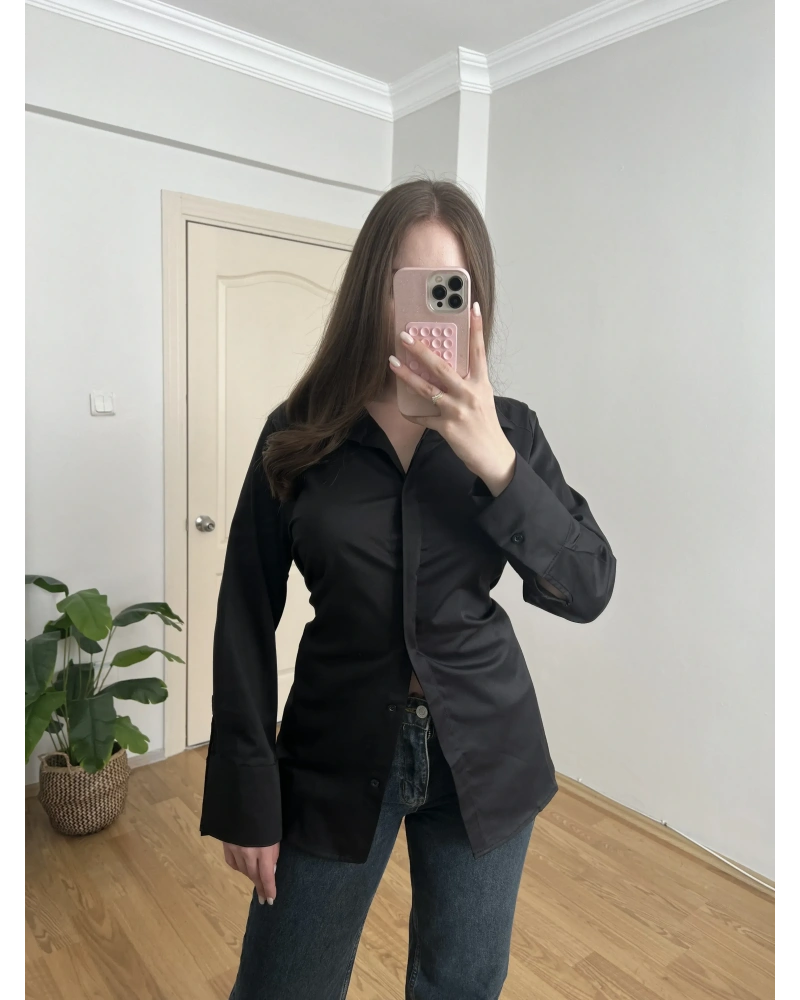 Siyah İp Bağlamalı Gömlek