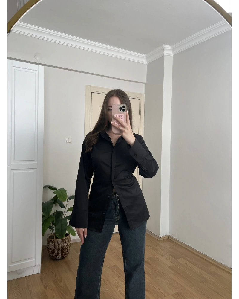 Siyah İp Bağlamalı Gömlek