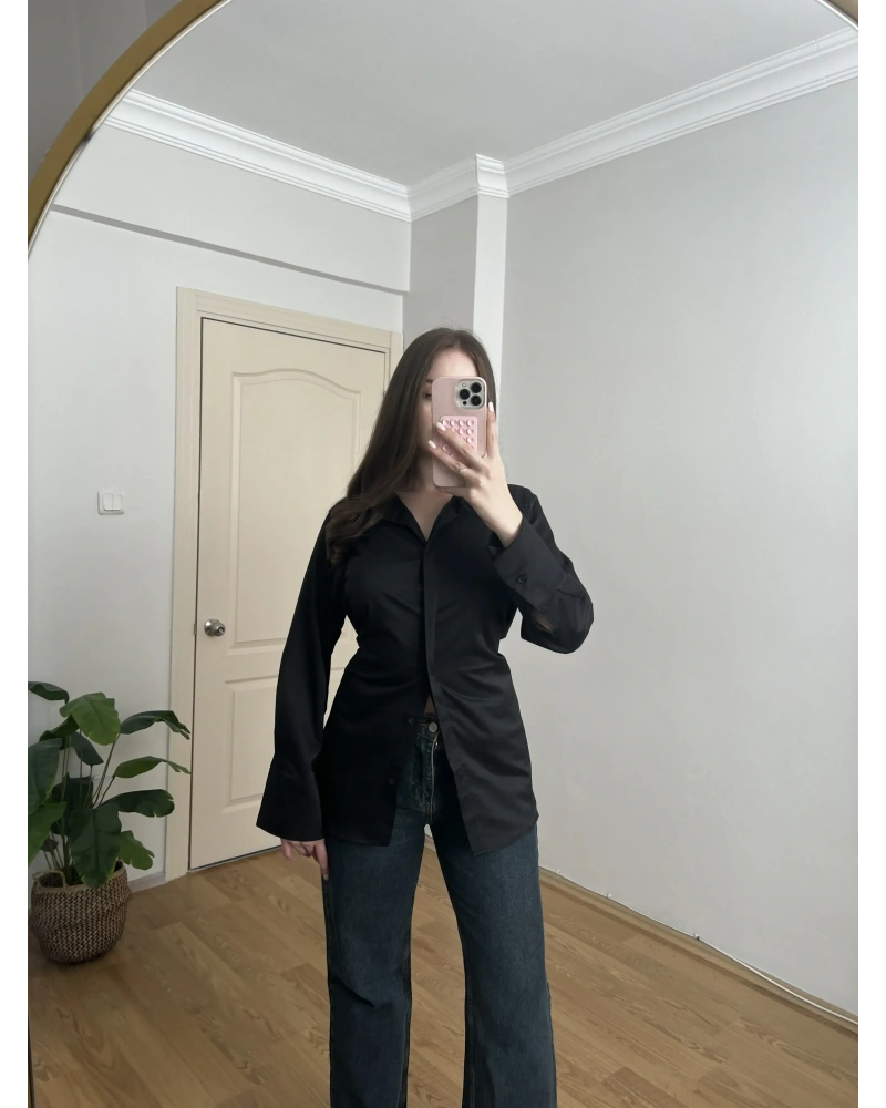 Siyah İp Bağlamalı Gömlek
