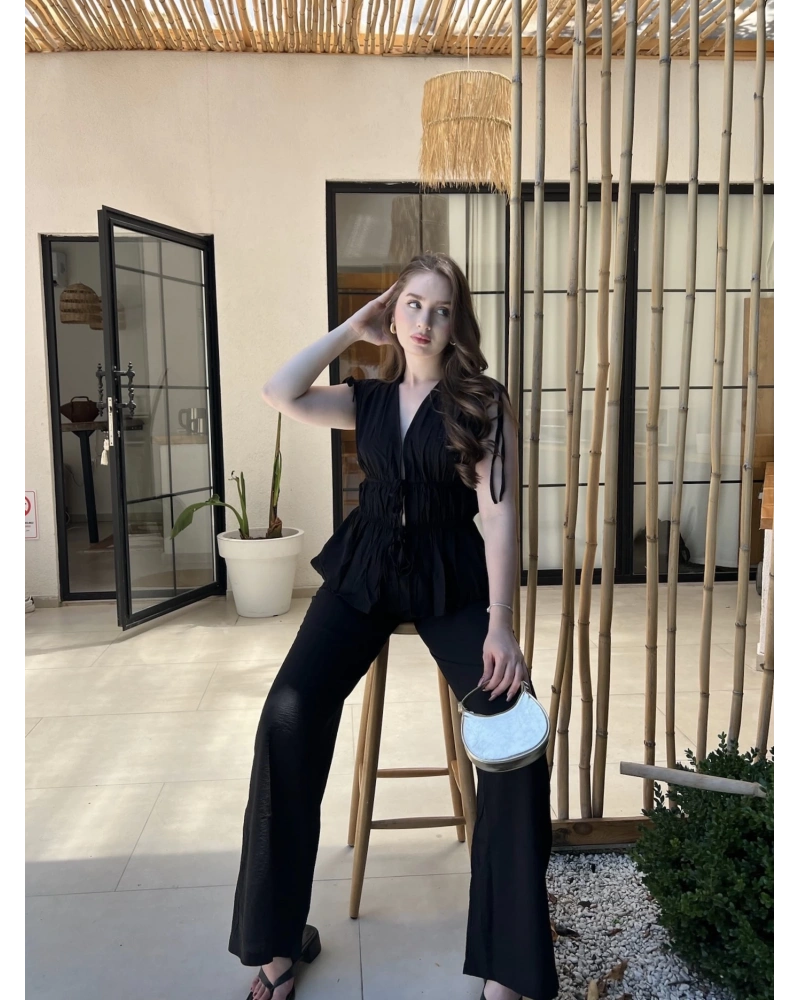 Siyah İp Detaylı Bluz Pantolon Takım