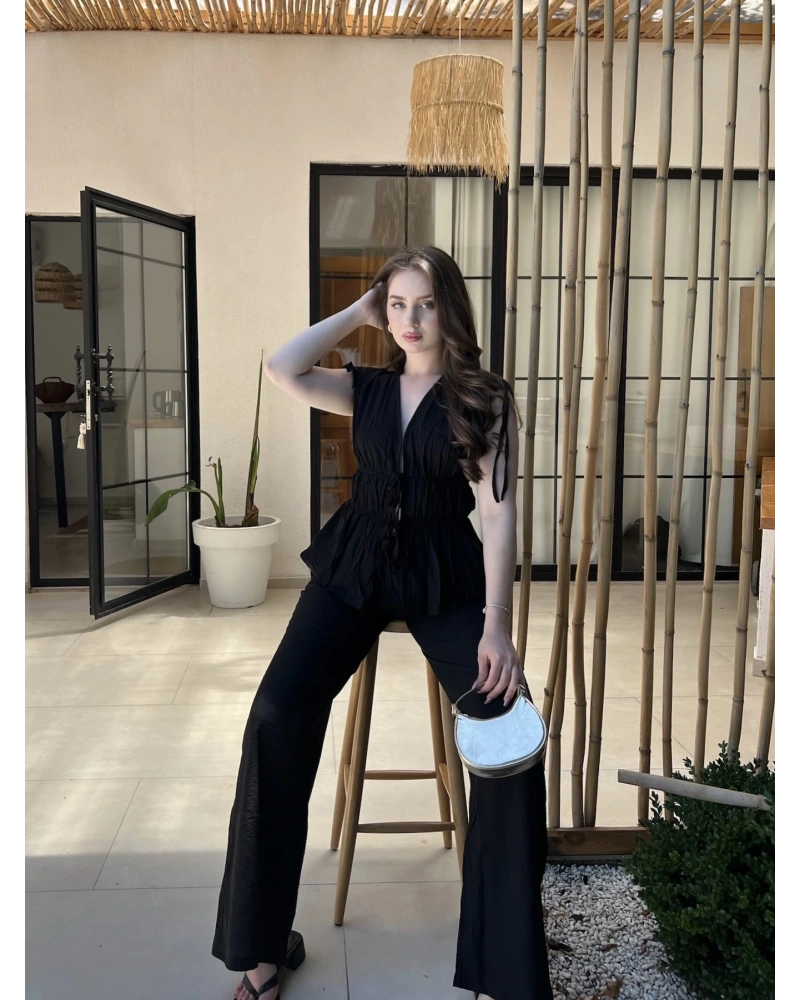 Siyah İp Detaylı Bluz Pantolon Takım