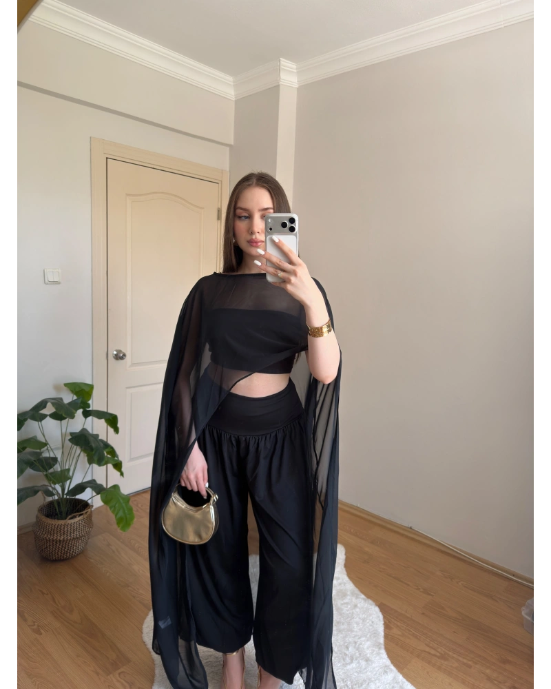 Siyah Maxi Boy Şifon Pelerin