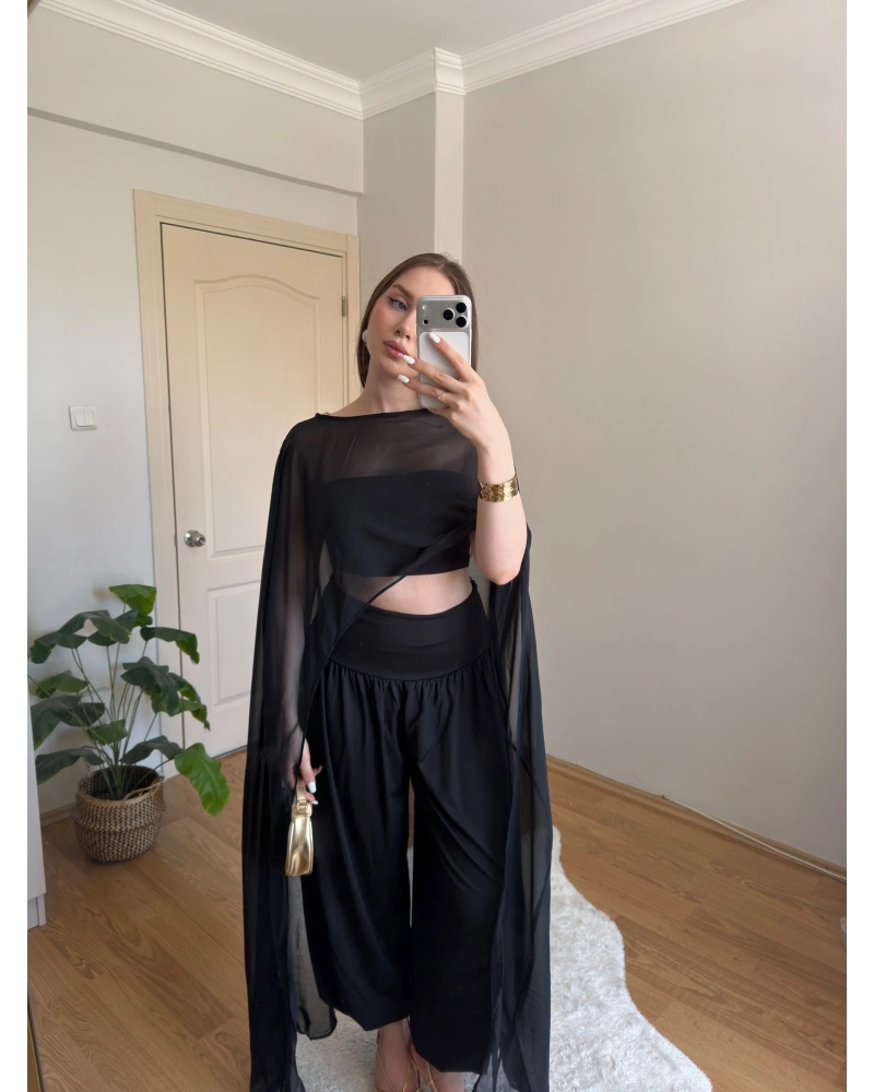 Siyah Maxi Boy Şifon Pelerin