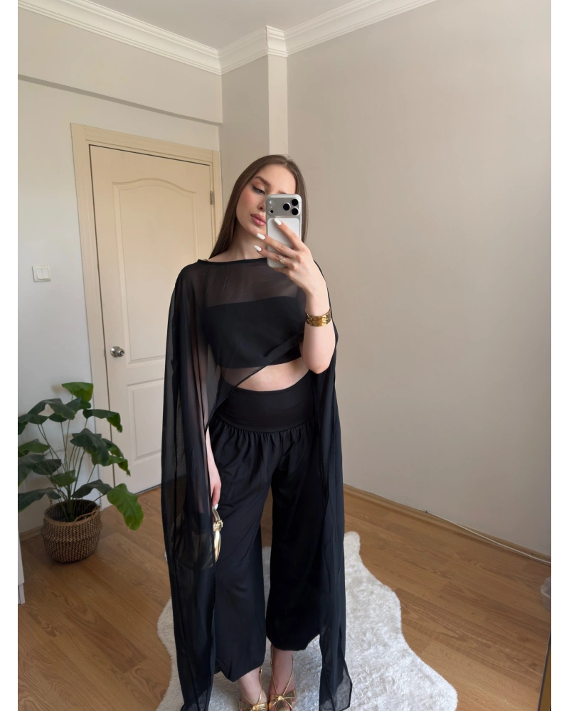 Siyah Maxi Boy Şifon Pelerin