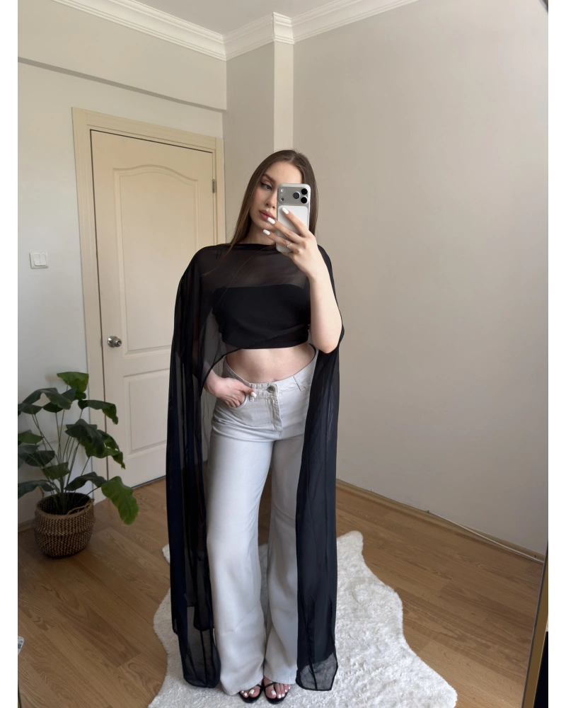 Siyah Maxi Boy Şifon Pelerin