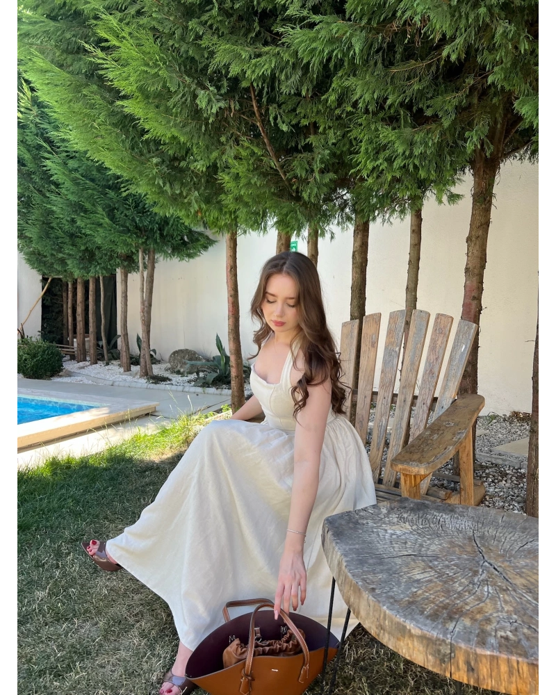 Taş Rengi Boyundan Bağlamalı %100 Cotton Elbise