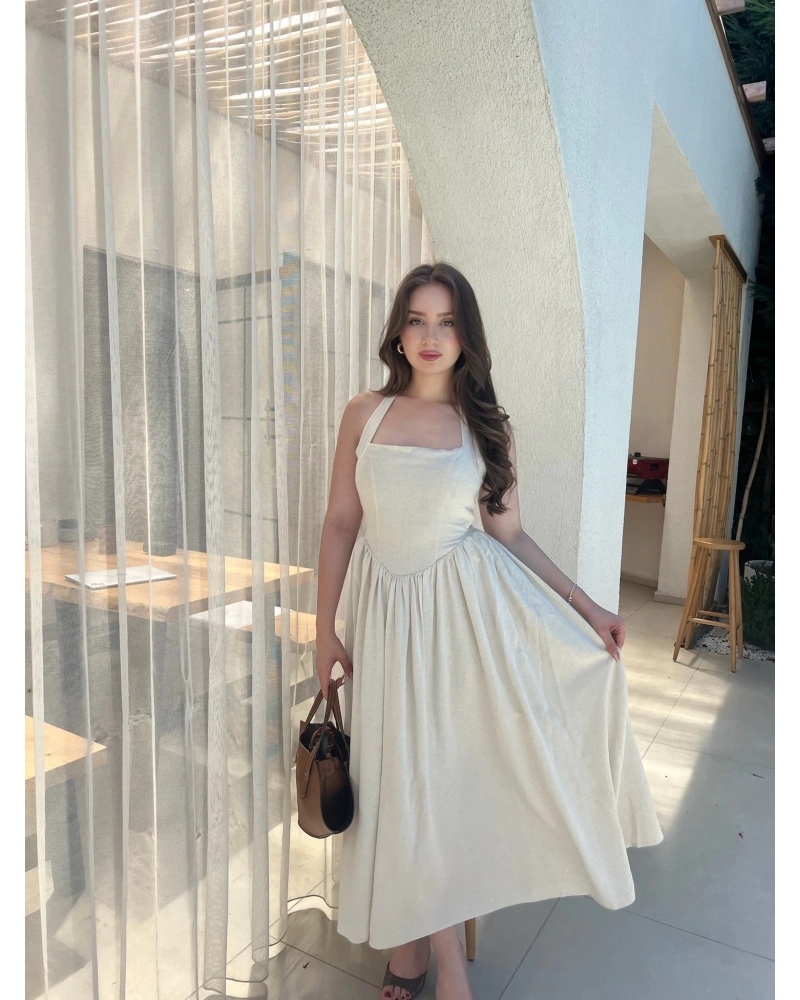 Taş Rengi Boyundan Bağlamalı %100 Cotton Elbise