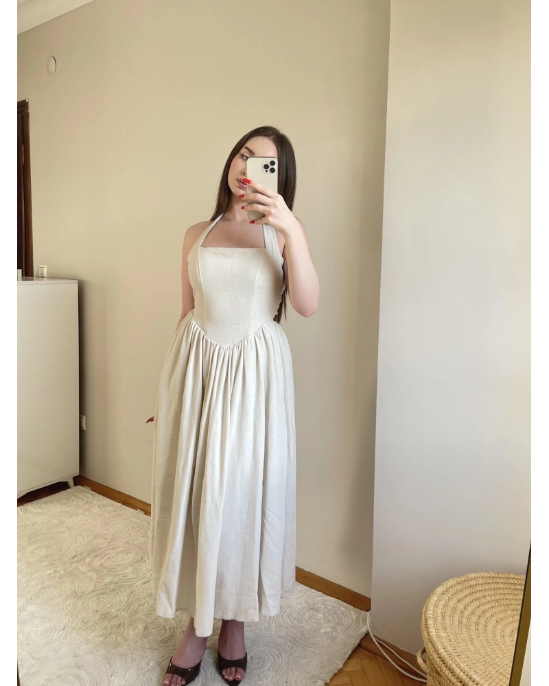 Taş Rengi Boyundan Bağlamalı %100 Cotton Elbise