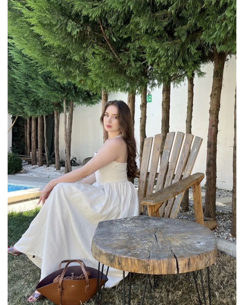 Taş Rengi Boyundan Bağlamalı %100 Cotton Elbise