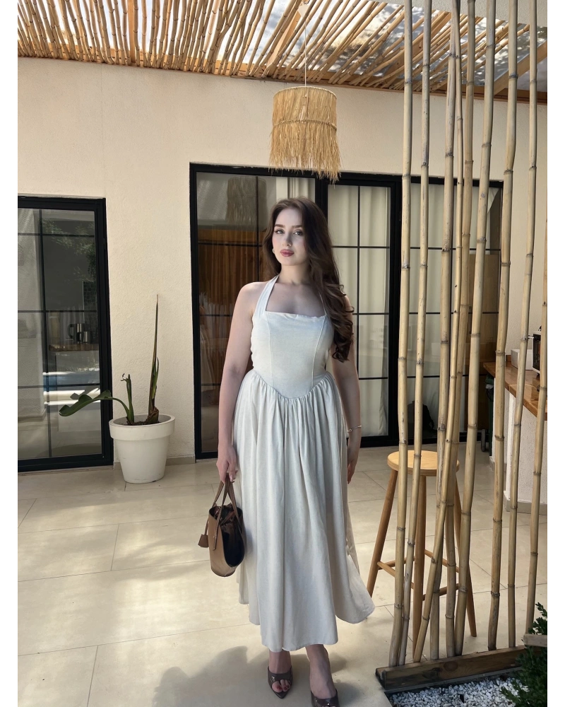 Taş Rengi Boyundan Bağlamalı %100 Cotton Elbise